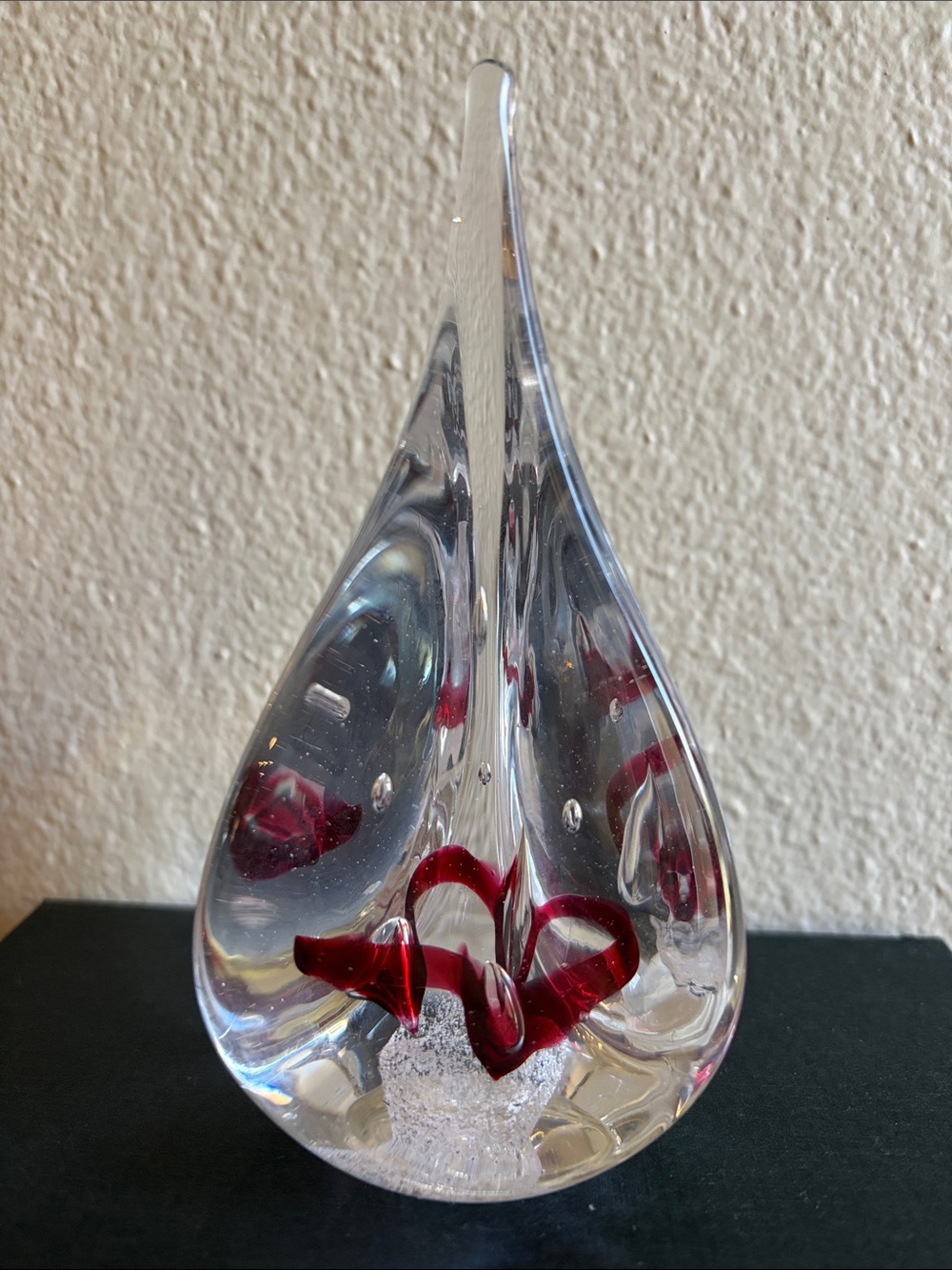 Polish Art Glass teardrop paperweight in Clear & Red-By Marian Pyrcak